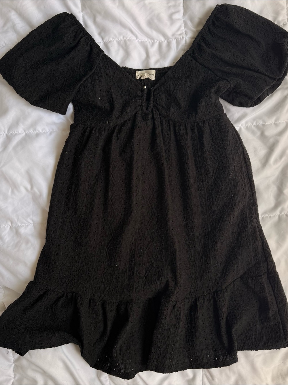 Derek Heart Eyelet Puff Sleeve Mini Dress Black S